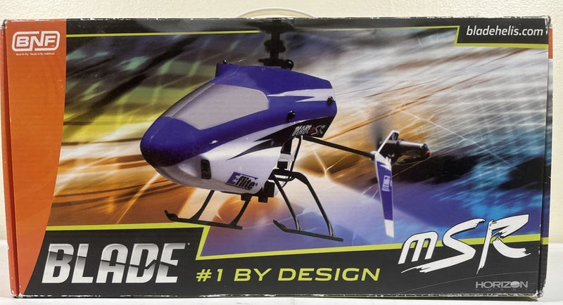 Purple and white RC helicopter toy in retail box, with main rotor and tail boom