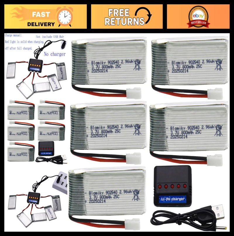 5 Pack 3.7V 800mAh Li-Po 25C Batteries & 4-in-1 Board for RC Drones & Aircraft Battery