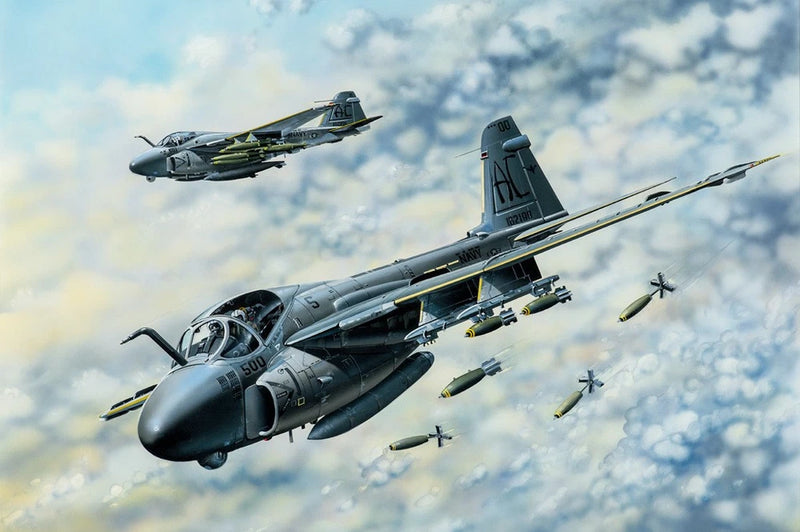 1/48 A-6E TRAM intruder jet plastic model kit, gray aircraft with missiles