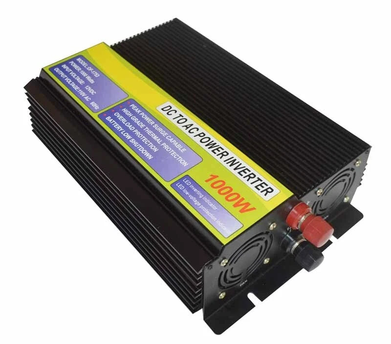 Black 1000W power inverter with USB output and cooling fan, red DC terminals