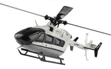 RC helicopter with white fuselage and black cockpit, landing skids and rotor mast