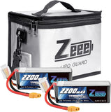 RC LiPo battery 2-pack with XT60 plugs, shown with Zeee carrying case