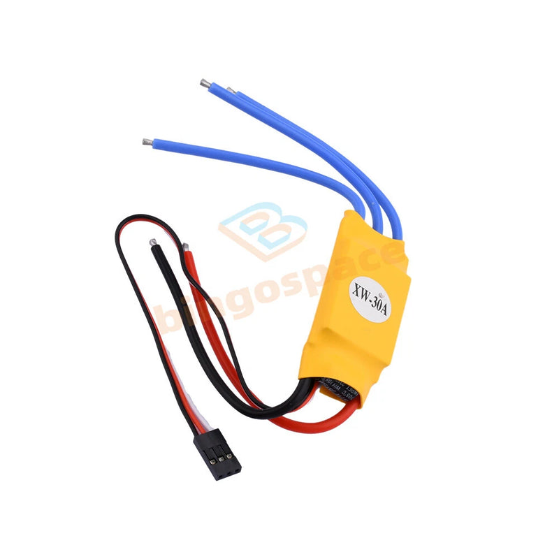 Brushless ESC motor speed controller with yellow heat-shrink, blue wires, black connector