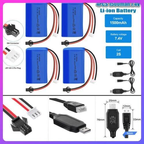 4Pack 7.4V 1500mAh 15C Li-ion Battery SM Plug w/ USB for RC Car Boat Truck USA
