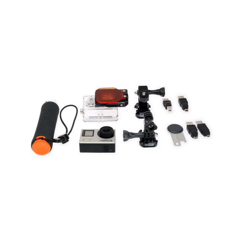 GoPro Hero 4 Black action camera kit with mounts, waterproof housing, and accessories