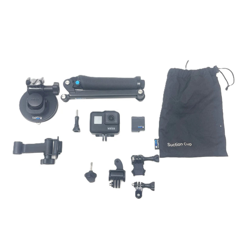 GoPro Hero7 Black action camera bundle with mounts, suction cup, and carrying pouch