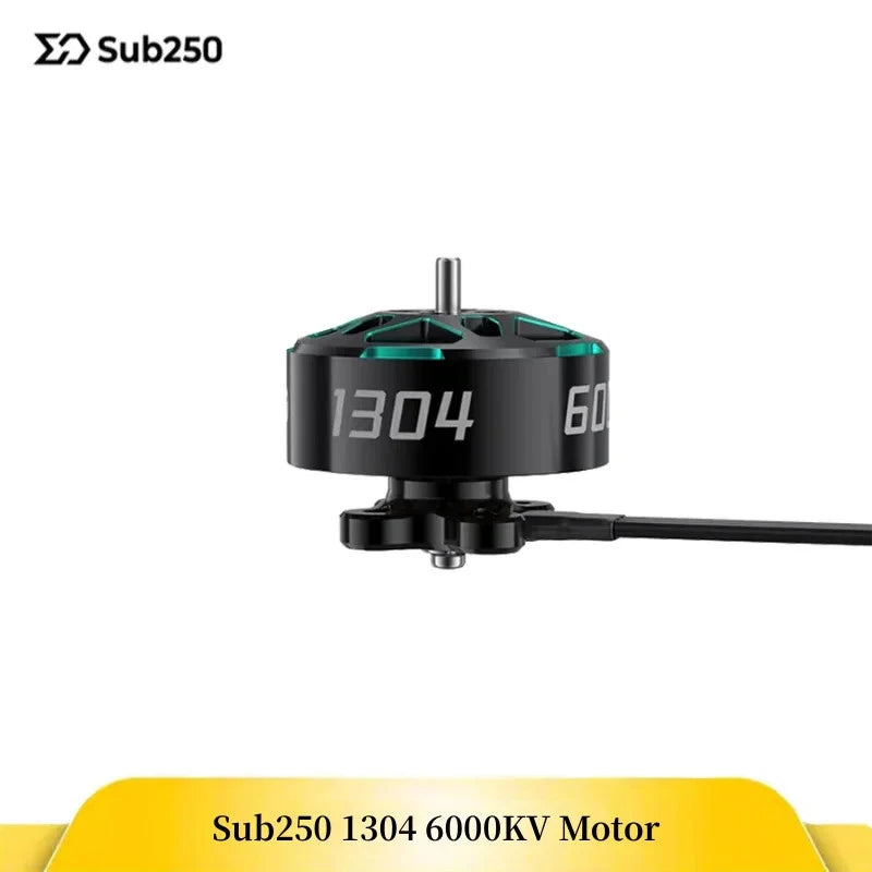 Black FPV drone motor, 1304 6000KV marking, metal shaft and green top vents