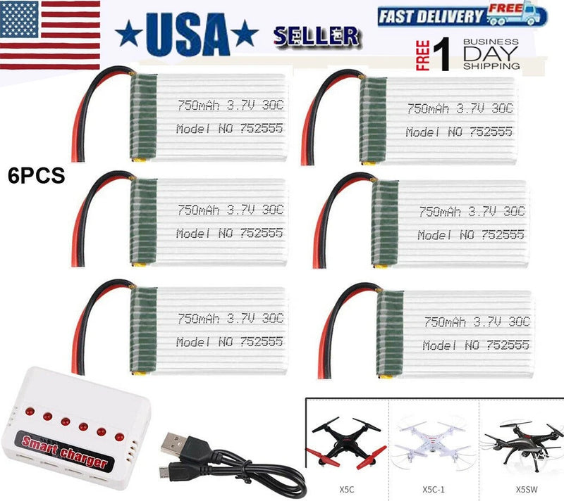 6pcs 3.7V 750mAh Lipo Battery 30C with Charger for Syma X5 X5A X5SW X5C X5C1 RC Battery