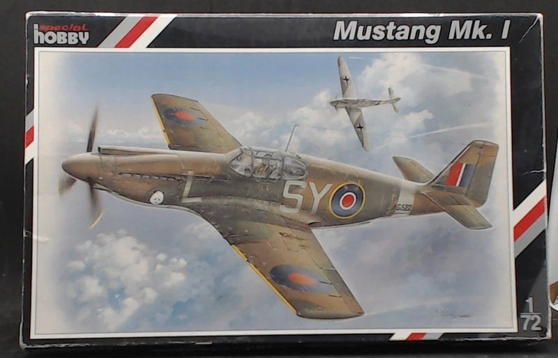 1:72 Mustang Mk I model kit box showing gray WWII fighter aircraft
