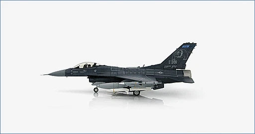Dark gray F-16C Block 50 fighter jet model in side profile, landing gear down