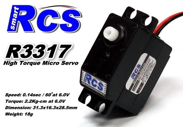 Black RCS R3317 high-torque micro RC servo with mounting tabs and red/black leads