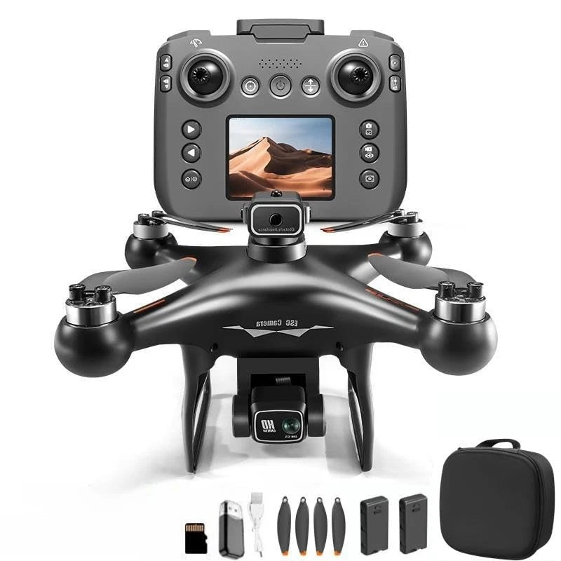Black hobby drone with controller showing screen and four propellers, with camera on body