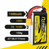 4S 14.8V 1300mAh 120C High Discharge LiPo Battery XT60 for 5'' FPV Racing Drone