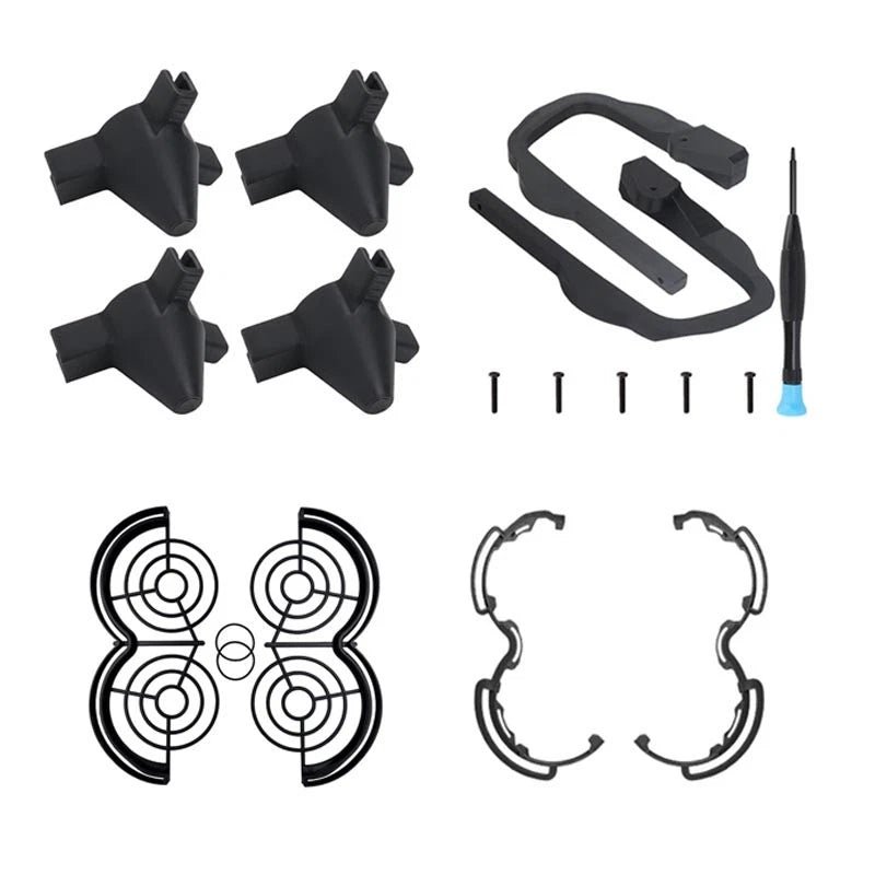 Drone landing gear protector kit with black bumpers, strap, screws, screwdriver