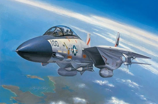 HobbyBoss 1/72 Grumman F-14A Tomcat plastic model kit, gray fighter jet in flight