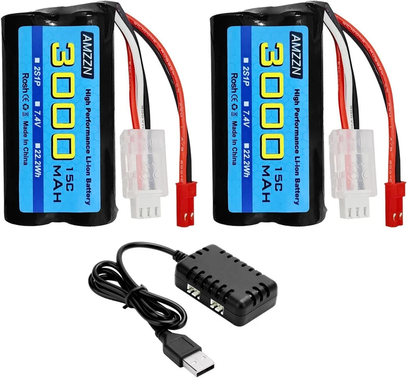 2PCS 7.4V 3000mAh 15C 2S JST 2P Plug Li ion Battery with 2 in 1 Charger