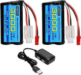 2PCS 7.4V 3000mAh 15C 2S JST 2P Plug Li ion Battery with 2 in 1 Charger