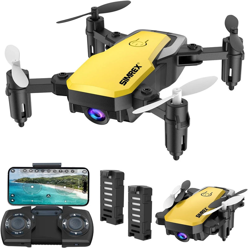 Yellow mini quadcopter drone with FPV camera, foldable arms and four propellers