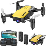 Yellow mini quadcopter drone with FPV camera, foldable arms and four propellers