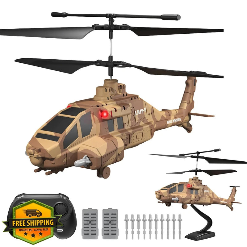 RC military helicopter drone set, tan body with 2.4GHz remote controller
