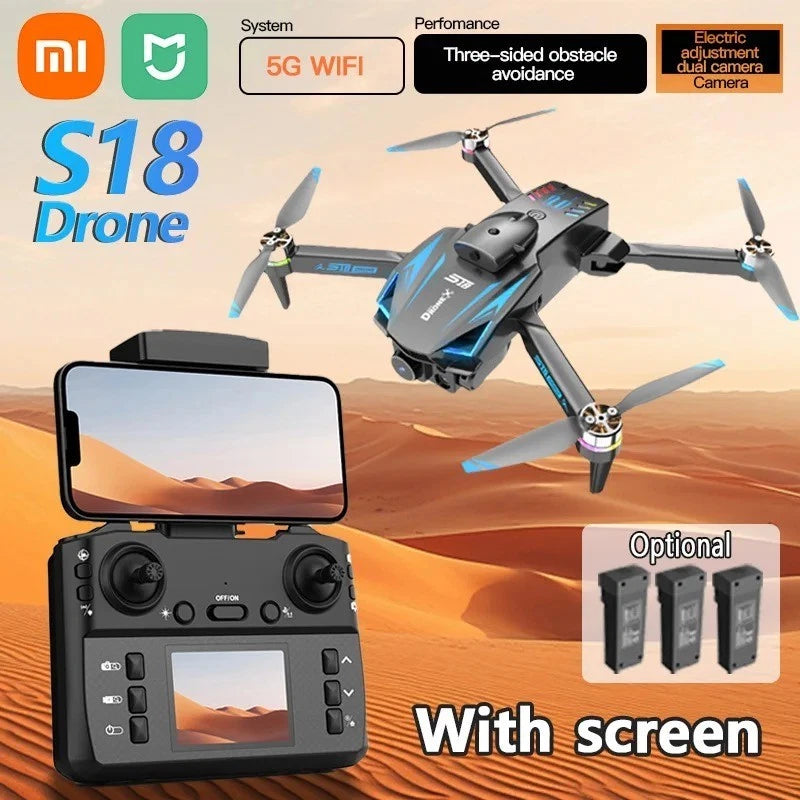 Foldable RC quadcopter drone with camera and screen remote controller, blue-gray body