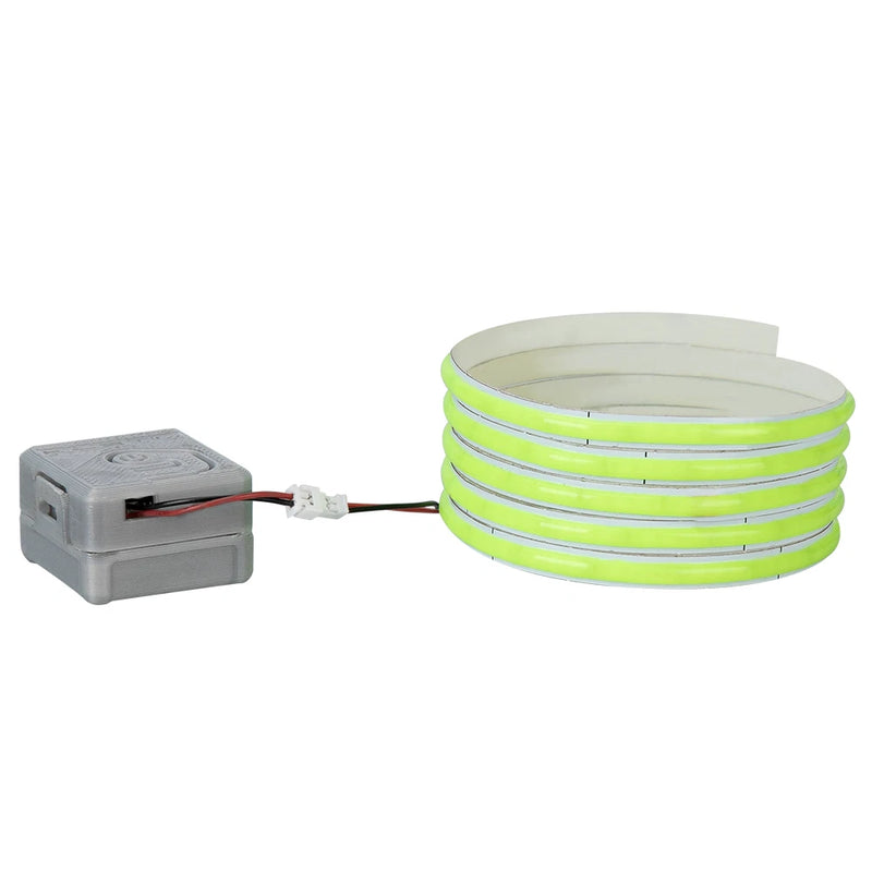 Warning light strip with coiled LED strip, gray controller box, and red/black wiring