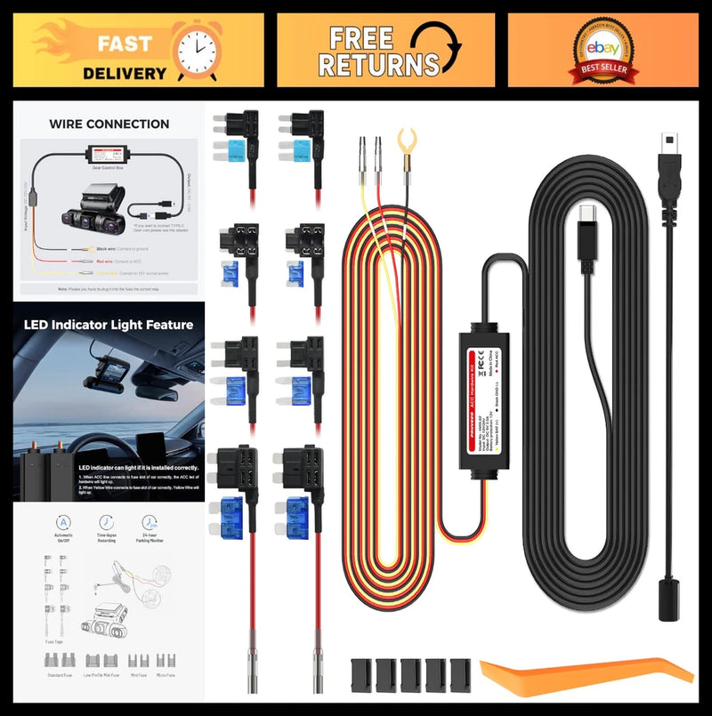 Dash cam hardwire kit with long wiring harness, fuse, connectors, and voltage protection module