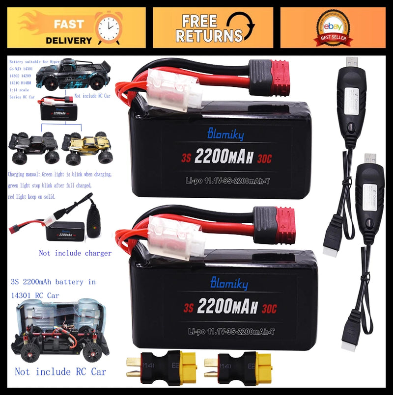 2 Pack 11.1V 3S 2200mAh 30C Li-Po Shorty Batteries with XT60 Converter for RC Tr Battery