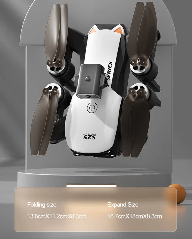 White folding mini quadcopter drone with four propellers and orange accents