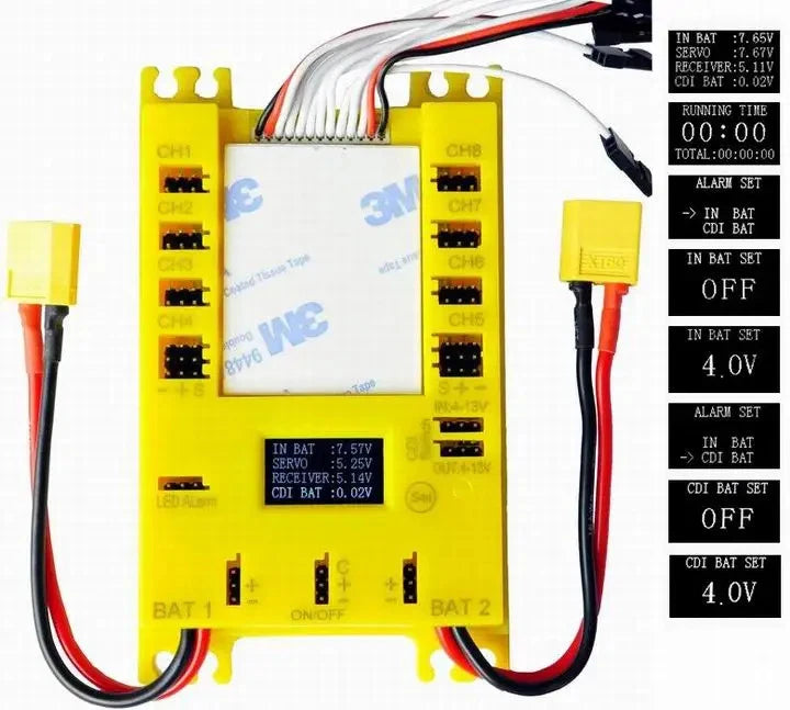 Yellow dual-output PDB board with servo/camera power terminals and multicolor wires