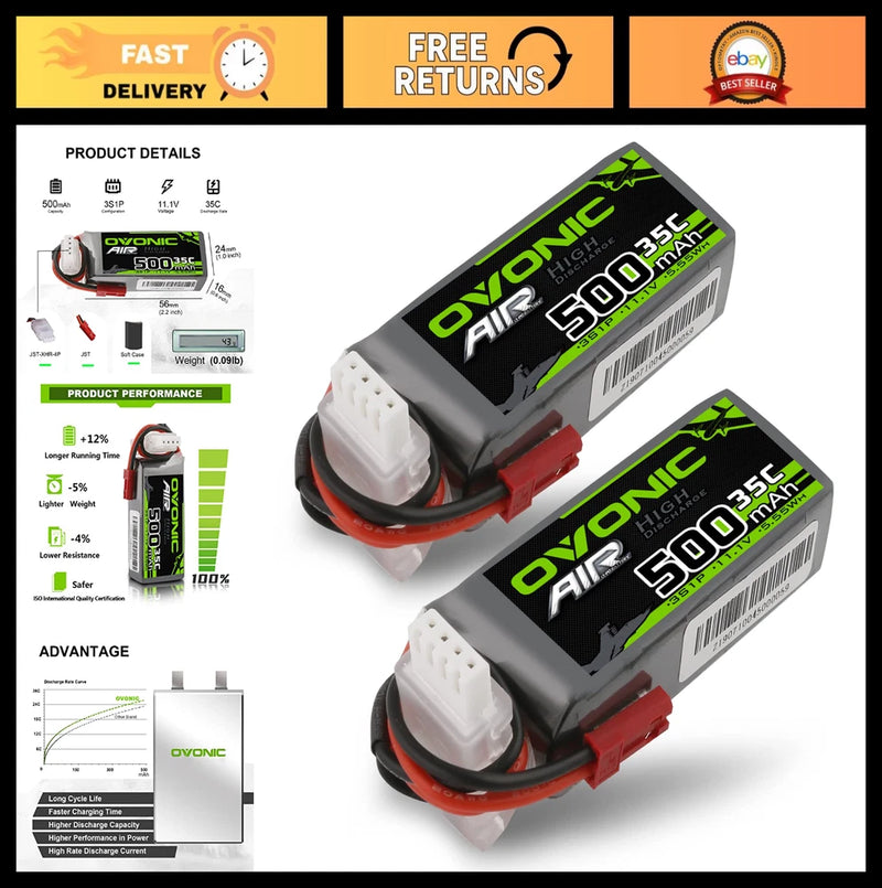3S 11.1V 500mAh Lipo Battery 35C with JST Connector for RC Drone, Airplane, Heli Battery