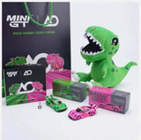 Die-cast alloy car model set with green and pink cars and display boxes