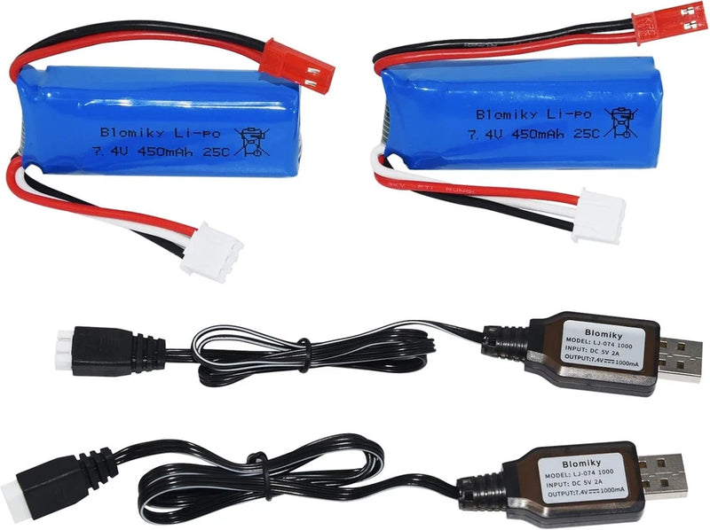 2 Pack 7.4V 450mAh 25C JST Plug Lipo Rechargeable Battery with Charger Cable