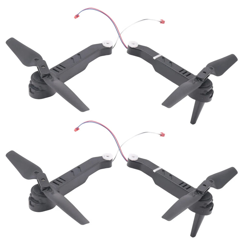 Drone motor spare parts set with four black propellers and attached wiring harness