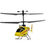 Yellow RC helicopter with rotor blades and tail boom, landing skids visible