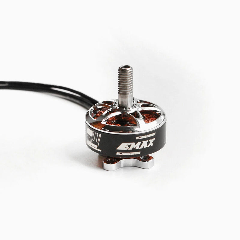 EMAX RSIII electric motor with shaft, silver housing, and attached wiring
