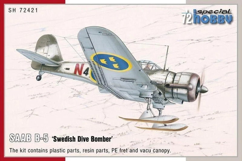 SAAB B-5 Swedish dive bomber model kit artwork, gray aircraft with yellow emblem