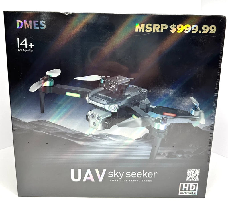 Four-axis UAV drone with obstacle avoidance, shown on retail box