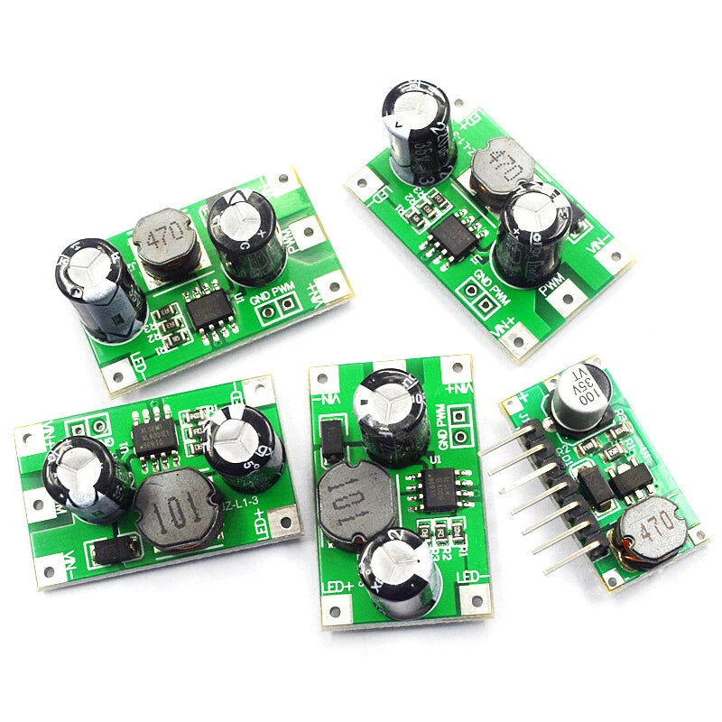 Green DC-DC LED driver PCB module with components and 3-pin header, for constant current