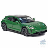 Green Porsche Taycan Turbo S Cross Turismo diecast model car, front 3/4 view, black wheels