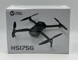 Black foldable GPS drone with four propellers, in retail box