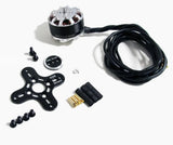 Brushless motor with black wiring, prop adapter, and connector components