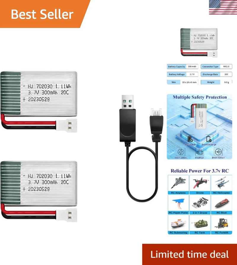 XH2.54 Connector 2-Pack 300mAh Lipo Batteries for Drones, RC Toys & Planes Battery