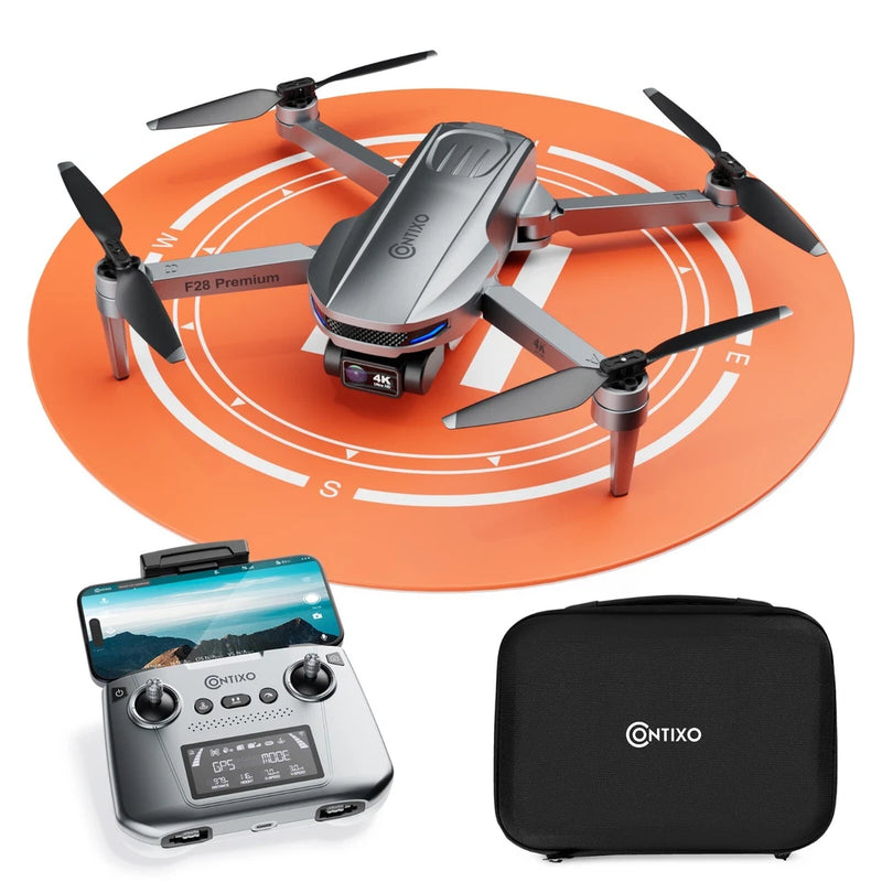 Contixo F28 Premium 4K drone with controller and hard case, orange base