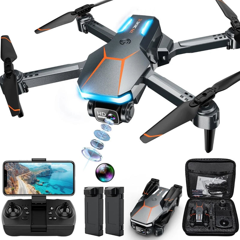 Foldable quadcopter drone kit with HD camera, remote controller, and orange accents