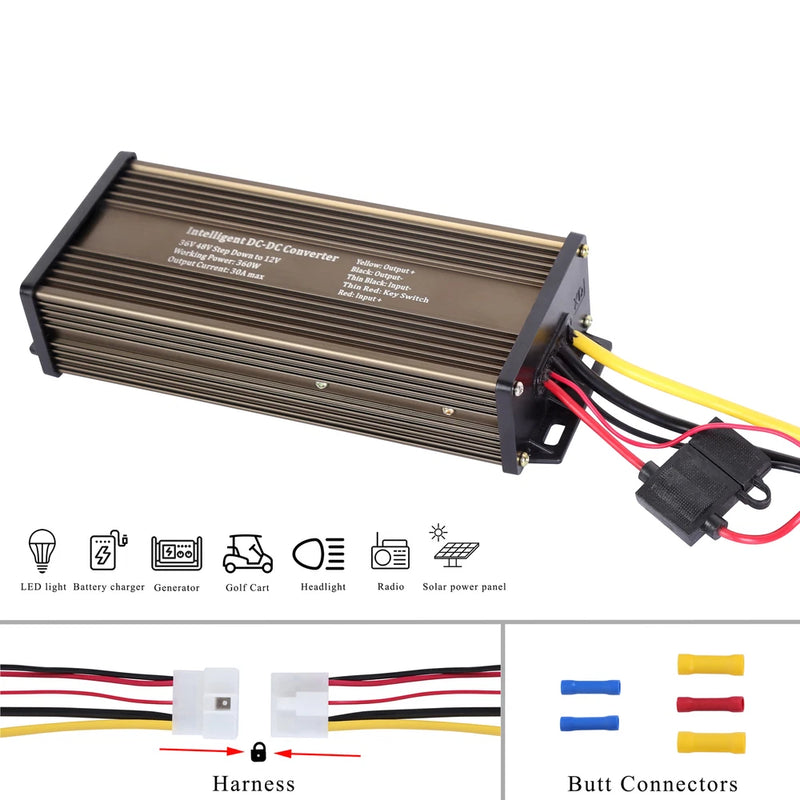 DC 12V voltage converter in metal housing with multi-wire harness and connectors