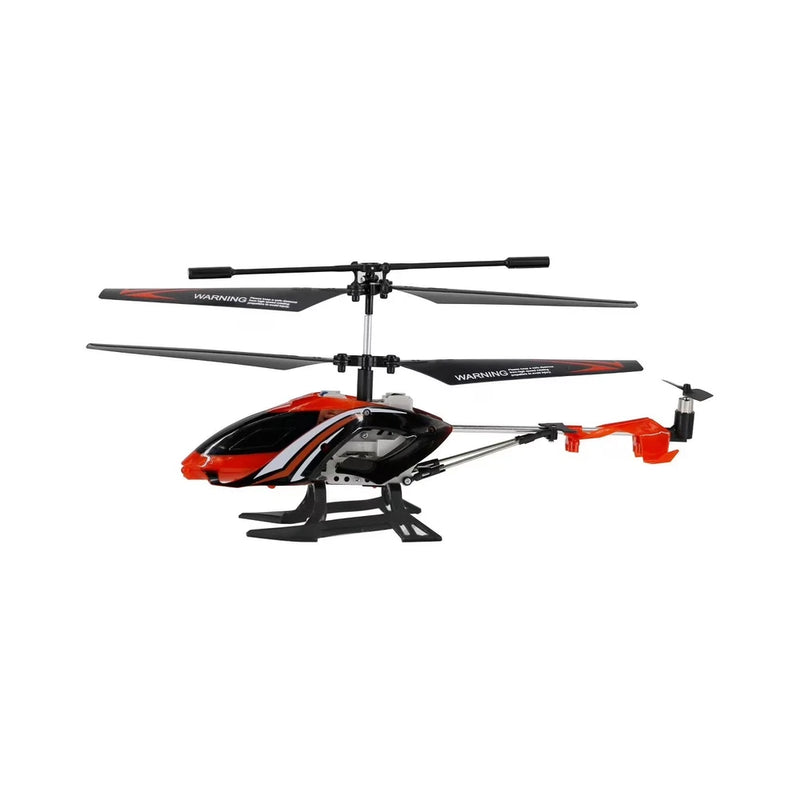 Orange and black helicopter-style drone with four rotor blades and camera nose