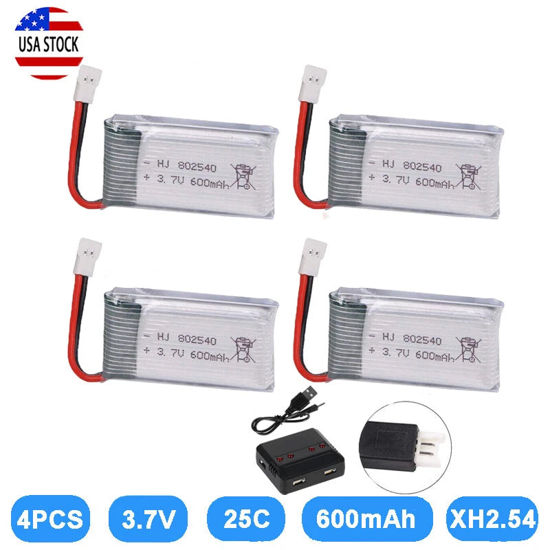 4pcs 3.7V 600mAh 20C Lipo battery XH2.54 Connector with USB Charger for RC Drone