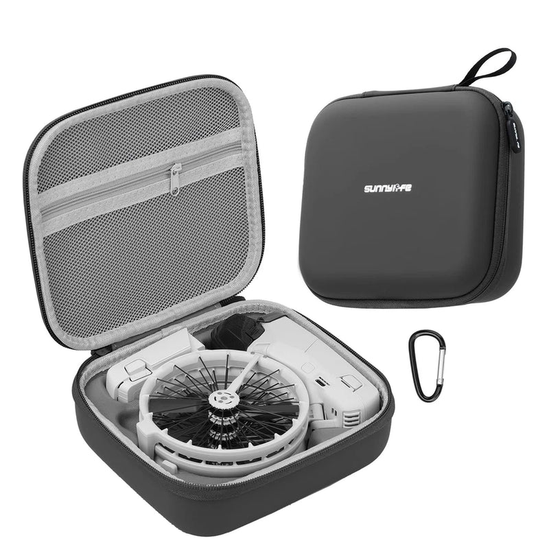 Portable drone carrying case with mesh pocket and zipper, shown open with drone inside.