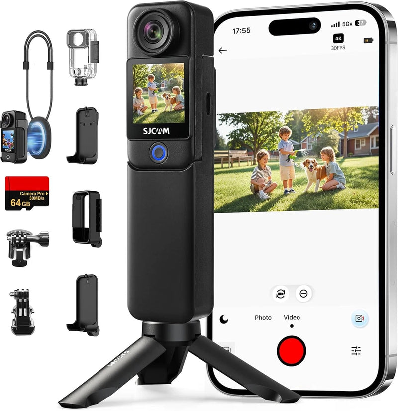 Black pocket vlog action camera with front and rear touch screens and tripod stand